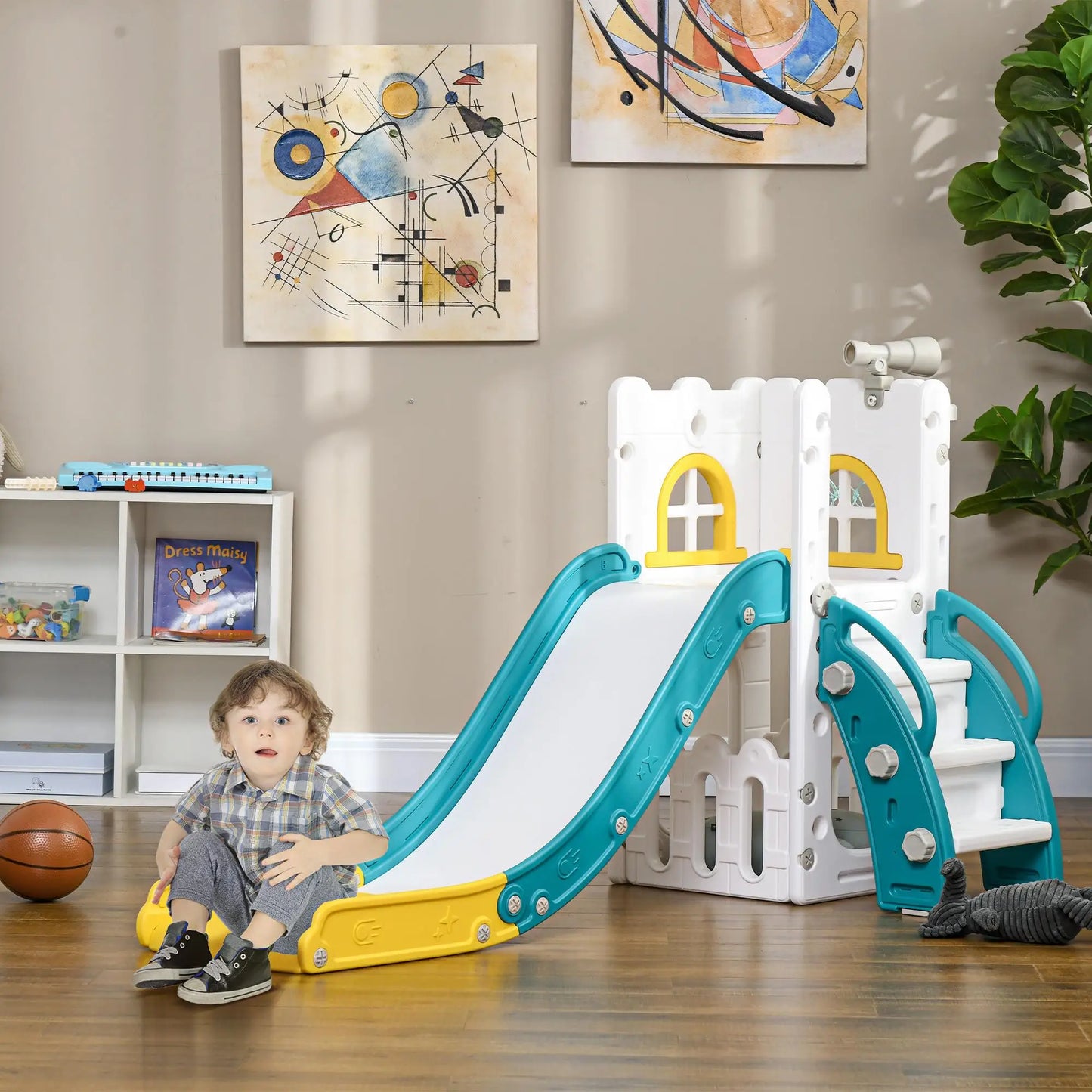 AIYAPLAY 5-in-1 Children's Slide with Basketball Hoop Telescopic & Climbing Rack, 70x177x92 cm Yellow 1-3 Years
