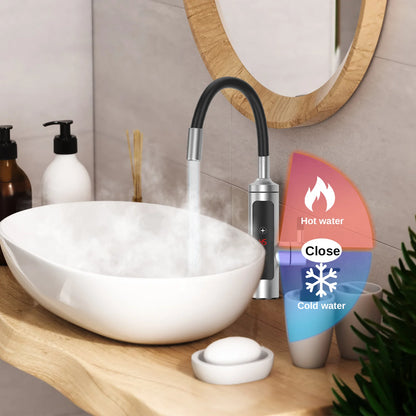 3000W Stainless Steel Electric Heating Tap, Electric Kitchen Tap Instantaneous Water Heater with LCD Temperature Display,360° Rotatable Hot Water Tap for Kitchen Bathroom