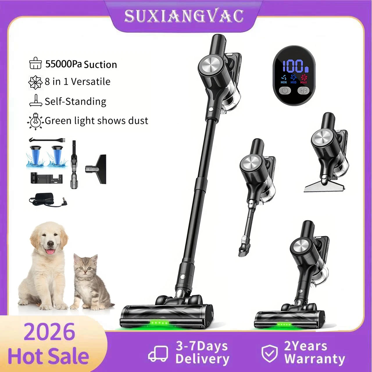 Cordless Vacuum Cleaner, 55Kpa/55min Self-Standing Powerful Stick Lightweight Vacuum Cleaner for Home Pet Hair/Hard Floor/Carpet
