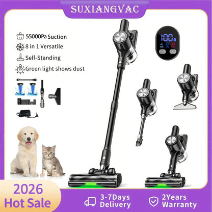 Cordless Vacuum Cleaner, 55Kpa/55min Self-Standing Powerful Stick Lightweight Vacuum Cleaner for Home Pet Hair/Hard Floor/Carpet