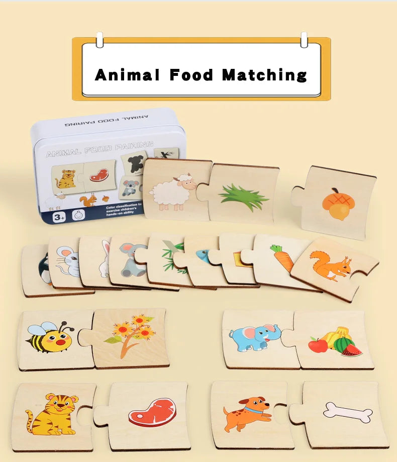 Children's Iron Box Number Enlightenment Paired Wooden Animal Food Puzzle Board Logical Thinking Training Game Educational Toys