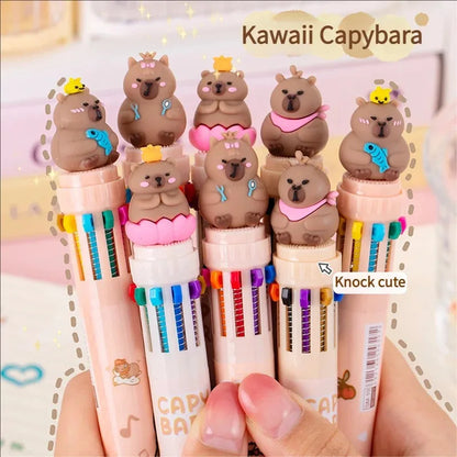 10-Color Kawaii Capybara Multifunctional Gel Pen 0.5mm Fine Tip Cute Cartoon Brown Pen for Office School Student Stationery
