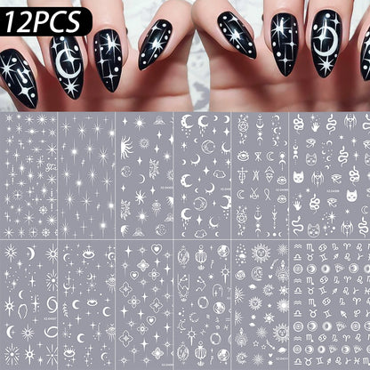 12Pcs 3D Gold Star Moon Sun Nail Stickers 10*8cm Y2K Starlight Self-adhesive Nail Decals Snake Cat Slider DIY Manicure Accessory