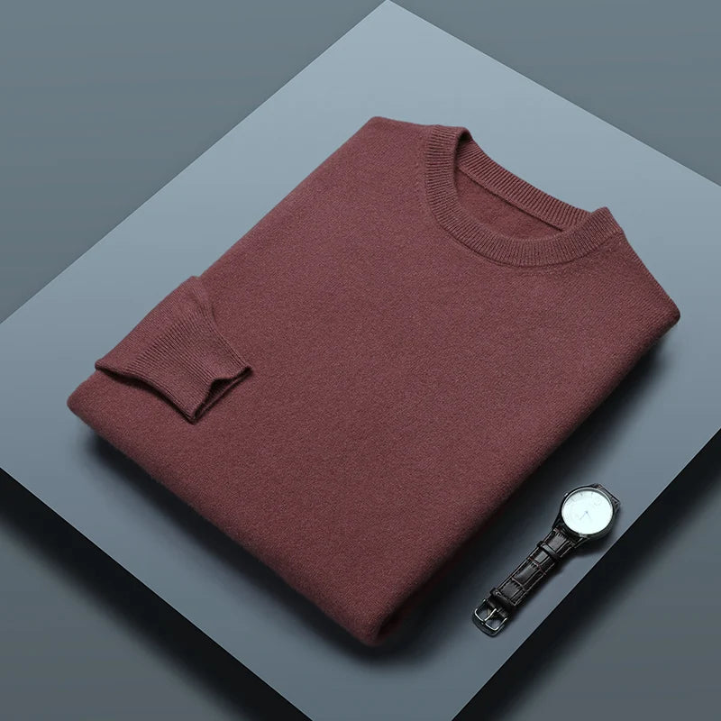 Classic Solid Color Men's O-neck Sweater Autumn Winter 100% Merino Wool Knitted Pullover Long Sleeve Warm Loose Casual Men Tops