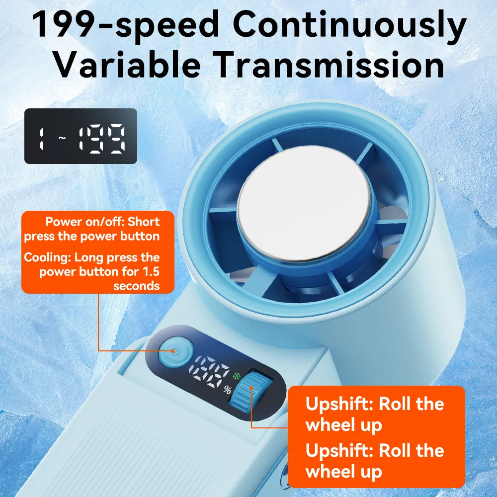 Portable Handheld Fan LED Digital Display With Refrigeration Board 90° Foldable  199Gear Strong Wind Speed 8000mAh F16