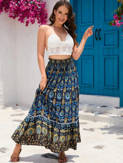 Women's Casual Temperament Skirt Women's Fashionable Bohemian Printed Elastic Waist Temperament Skirt Big Sway Temperament Skirt