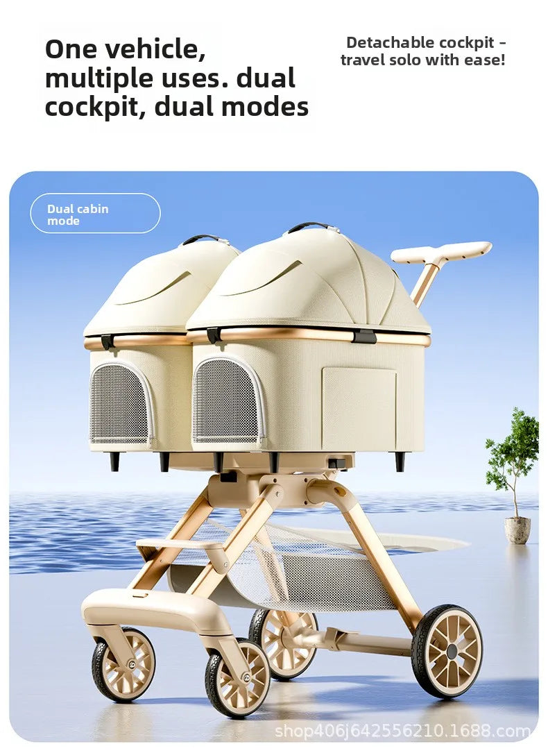 Twin Pet Cart Double Cabin Walking Pet Artifact Cat and Dog Outdoor Small and Medium Lightweight Foldable Double Layer Cart