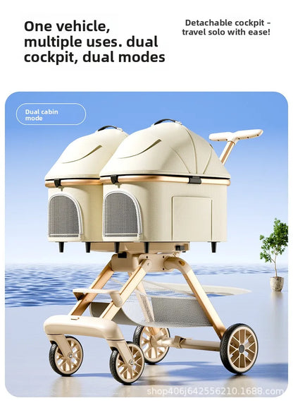 Twin Pet Cart Double Cabin Walking Pet Artifact Cat and Dog Outdoor Small and Medium Lightweight Foldable Double Layer Cart