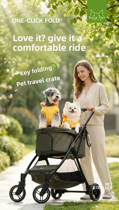 Breathable Large Space Pet Stroller One-Click Foldable Detachable Hand Cart For Dogs Cats Outdoor Travel