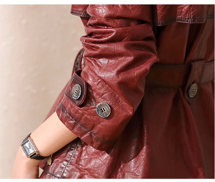 Roupas Femininas Autumn Women Suit Collar Lace-up Waist Oil Wax Sheepskin Gabardina Mujer Vintage Red Short Leather Trench Coat