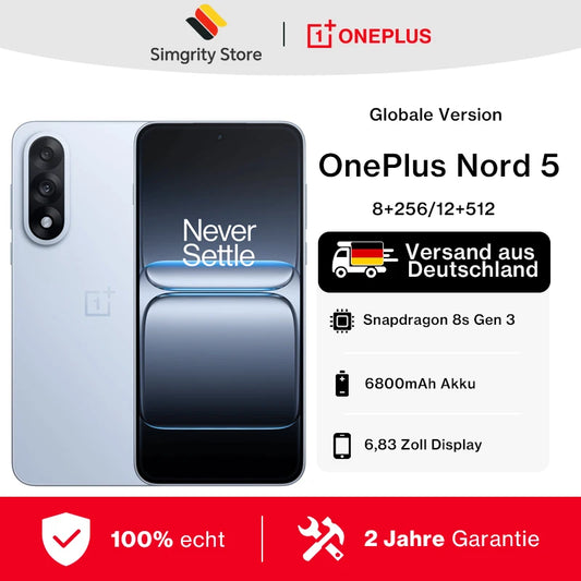 OnePlus Nord 5 samrtphone 8GB+256GB/12GB+512GB,6.83" AMOLED 1.5K (FHD+), 2800 x 1272,Snapdragon 8s Gen 3,Android 15,50MP OIS+EIS Camera,6800 mAh battery,80W,Wi-Fi 6,Bluetooth 5.4,NFC,GPS
