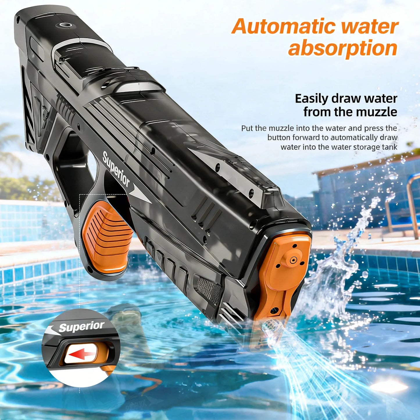 New Electric Water Guns Children Wholesale AutomaticWater Absorption Battery DisplayLarge Capacity Boys' Water PlayToyWater Gun