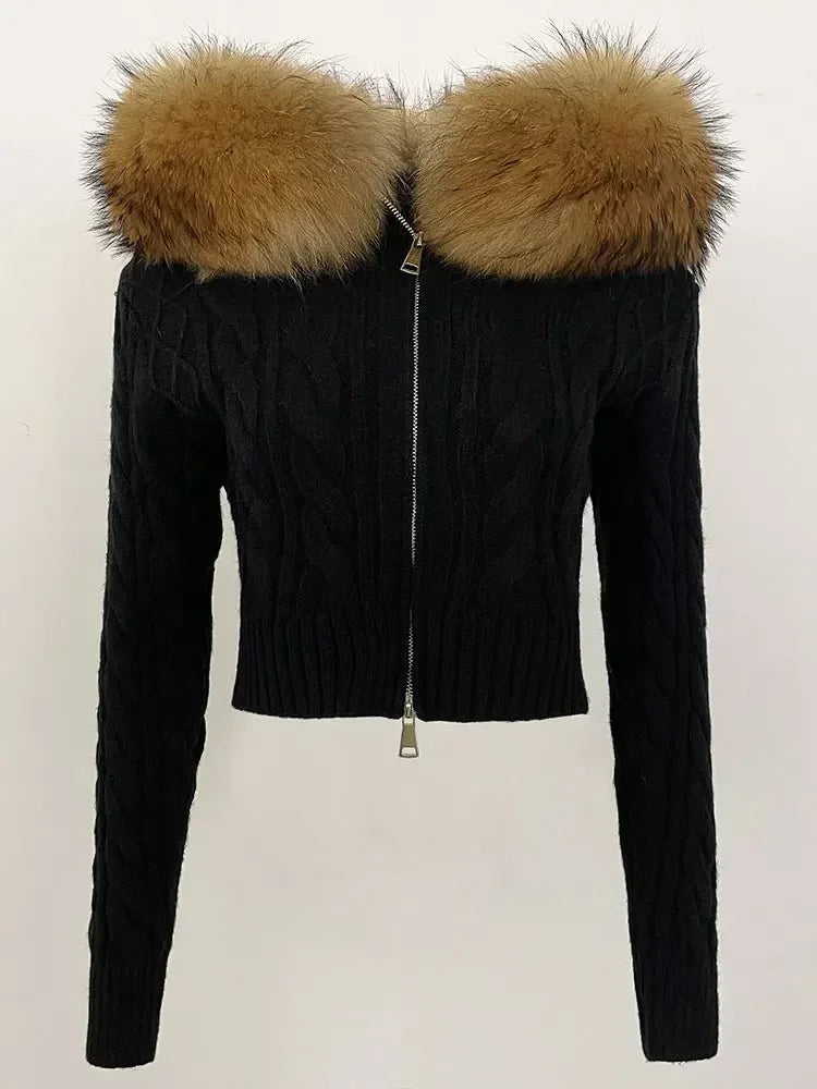 Fashion Natural Fox Fur Collar with Knitted Sweater Women Casual Sweater 2025 New Spring Autumn Slim Fit Elastic Oversized Coat
