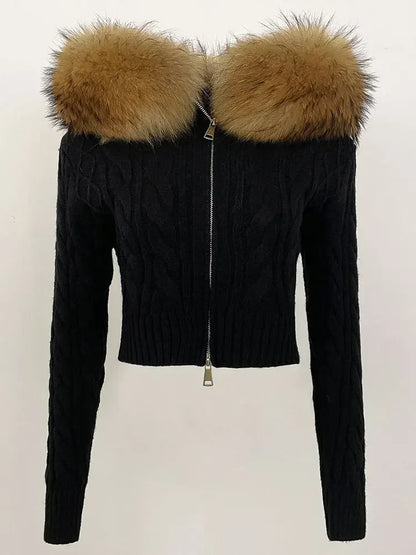 Fashion Natural Fox Fur Collar with Knitted Sweater Women Casual Sweater 2025 New Spring Autumn Slim Fit Elastic Oversized Coat