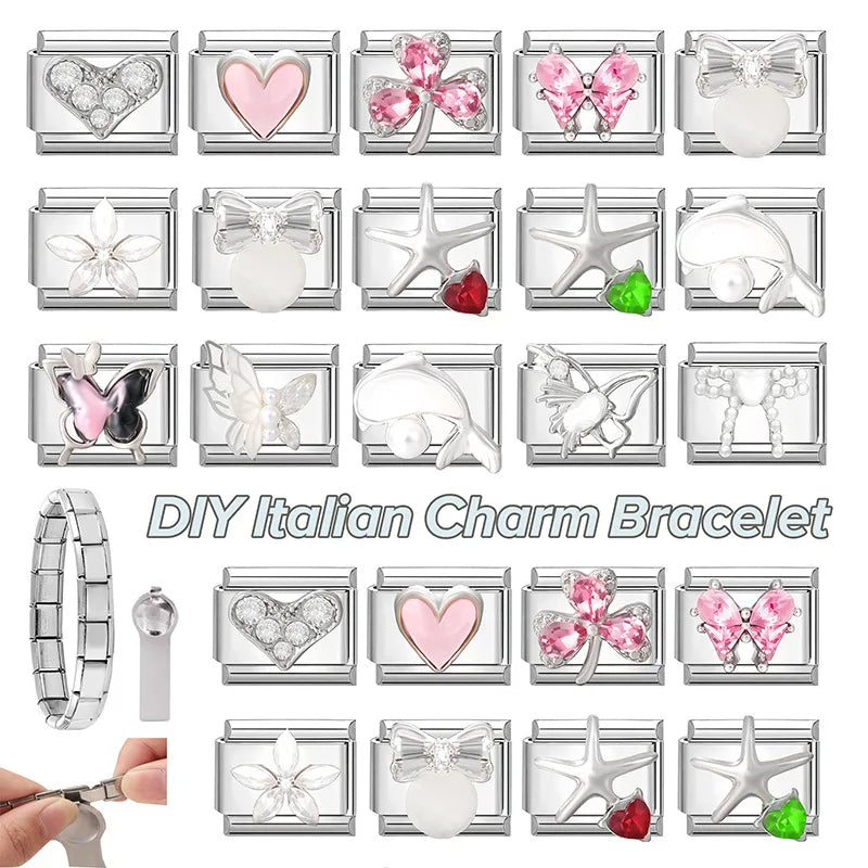 New Shiny Zircon Heart Butterfly Flower Star Bow Italian Charm Links Fit 9MM Stainless Steel Bracelet Girls' DIY Making Gift