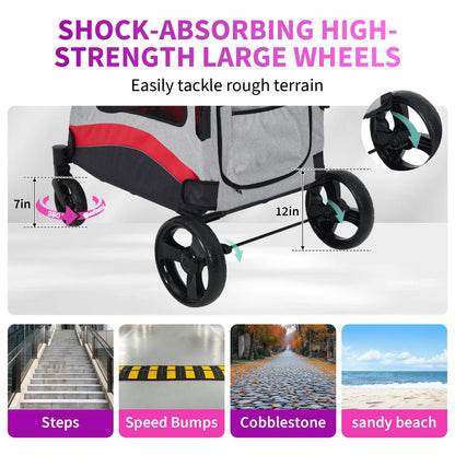 Heavy Duty Pet Wagon & Large Dog Stroller , Collapsible Dog Cart with Adjustable Handle, Breathable Mesh and Storage Pockets