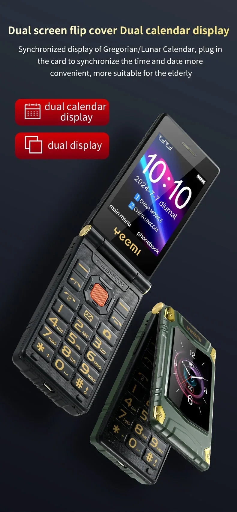 YeeMI M7+ 4G Rugged Feature Phone Big Button Full Band Flip Phone Dual SIM Dual Screen Cellphone For Old Man 6800mAh Big Battery