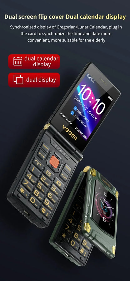 YeeMI M7+ 4G Rugged Feature Phone Big Button Full Band Flip Phone Dual SIM Dual Screen Cellphone For Old Man 6800mAh Big Battery