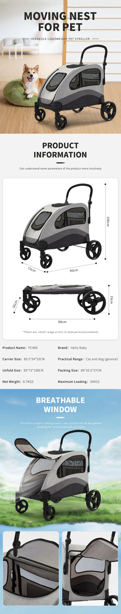 Large 4 Wheel Luxury Jogging Travel Pet Stroller Cosy Handle Dog Strollers Pet Trolley For Large Dog