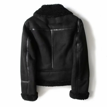 Winter Faux Shearling Sheepskin Fake Leather Jackets Lady Thick Warm Suede Lambs Motorcycle Brown Coats Mujer Chaqueta A407