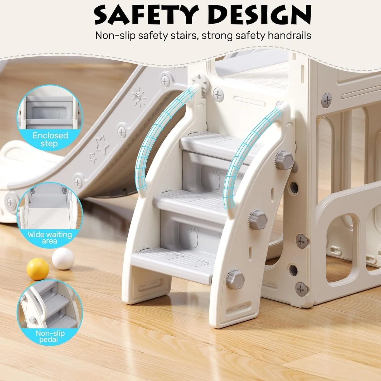 Children's slide, multifunctional Toddler Slide With Playpen, Storage Space and Non-slip Steps, Indoor & Outdoor Pla(Gray White)