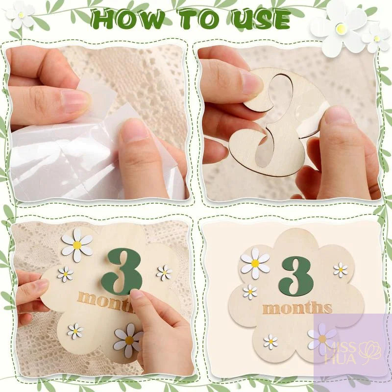 HUA HUA Wooden Baby Monthly Milestone Cards Flowers Double Sides Number Month Girls Boys Newborn Photography Props Accessories