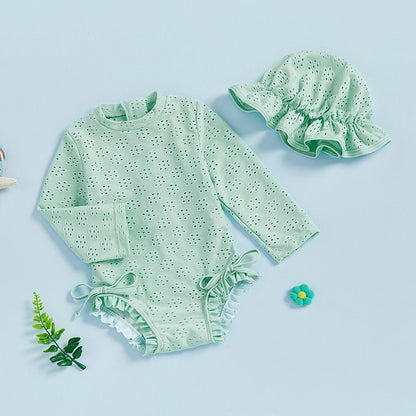 Infant Baby Girl Eyelet Swimsuit with Swimming Hat Toddler 2 Pcs Set Long Sleeve Round Neck Ruffled Romper Kids Bathing Suit