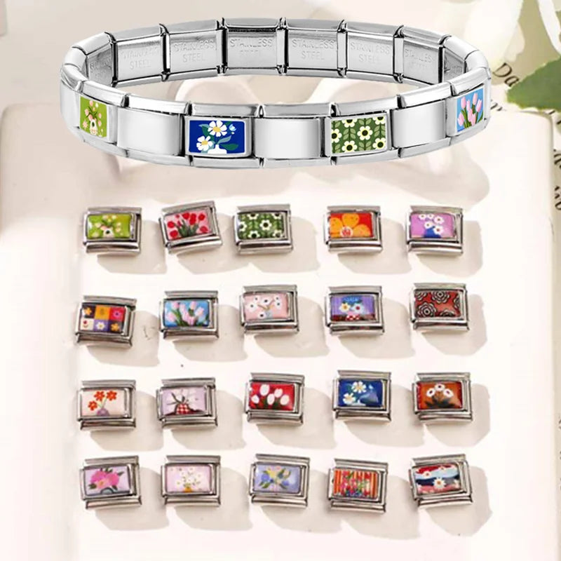 2025 Women's Fashion Colorful Flowers Oil Painting Style Series Italian Charms Fit 9mm Stainless Steel Bracelet DIY Jewelry Gift