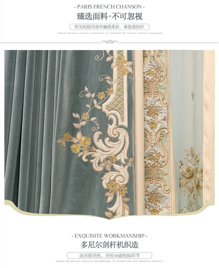 European Embroidered Thickened Blackout Blue Velvet Curtains for Living Room Bedroom Blackout  Lace Luxury Valance Tulle Custom