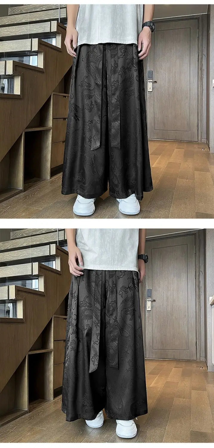 Men's Black Dragon Jacquard Wide-Leg Pants - New Chinese Style Satin Belted Trousers