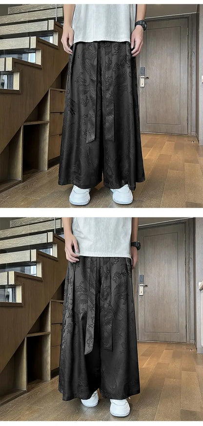 Men's Black Dragon Jacquard Wide-Leg Pants - New Chinese Style Satin Belted Trousers