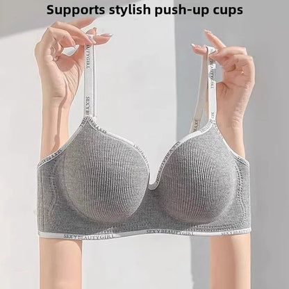 6cm Thickened Push-Up Bra for Small Chest Wireless No Steel Ring Letter Print Adjustable Straps Anti-Slip Pads Seamless Lingerie