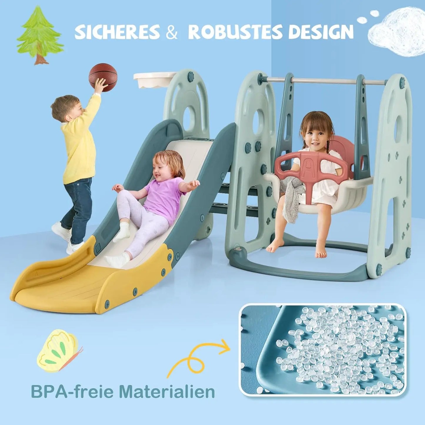 Children's Swing with Slide,Height-Adjustable Seat,4-in-1 Swing&Slide&Basketball Hoop&Ladder,for Children from 18 Months