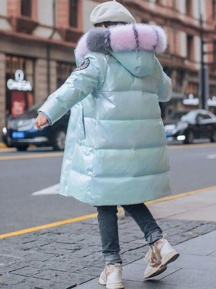 Winter Girls Shiny Hooded Down Jacket Fur Collar Windproof Coat Teenage Outerwear Kids Parka Snowsuit Clothing New 5-14 Years
