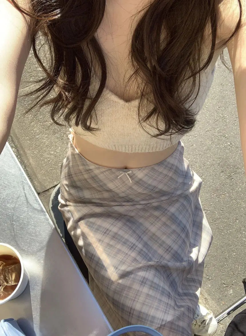 Deeptown Plaid Skirt Vintage Women Elegant Sweet Korean Style Mid Skirt Y2k Harajuku fashion A-line summer Aesthetics Skirts
