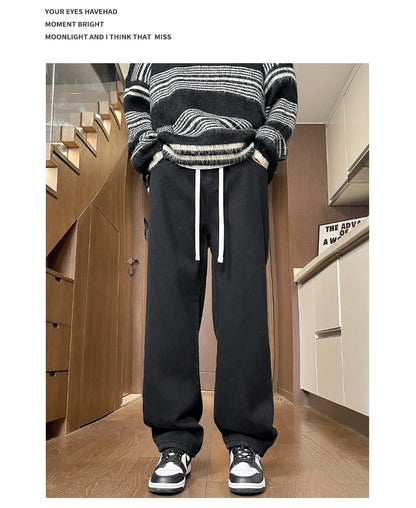 Men's Thicke Fleece Straight Jeans Winter Velvet Thermal Nostalgia Washing Denim Pants Streetwear Elastic Waist Loose Trousers
