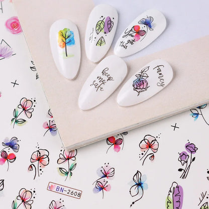 12Spring and Summer Water Transfer Ink Floral Nail Sticker Set Contains Blooming Flowers and Green Leaves Graffiti Slider Nail
