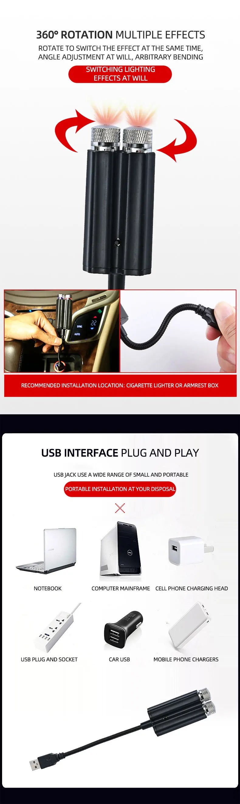 1pcs Car Interior Lights Roof Star Light USB LED Starry Atmosphere  Projector Decoration Night Party Decor Galaxy Light