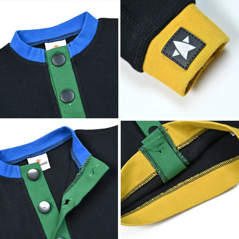 AA-Colorblock Waffle Knit Set Shirt Girl Dress and Baby Romper Contrasted Edges Rib Black Family Clothing Front Buttons Opening