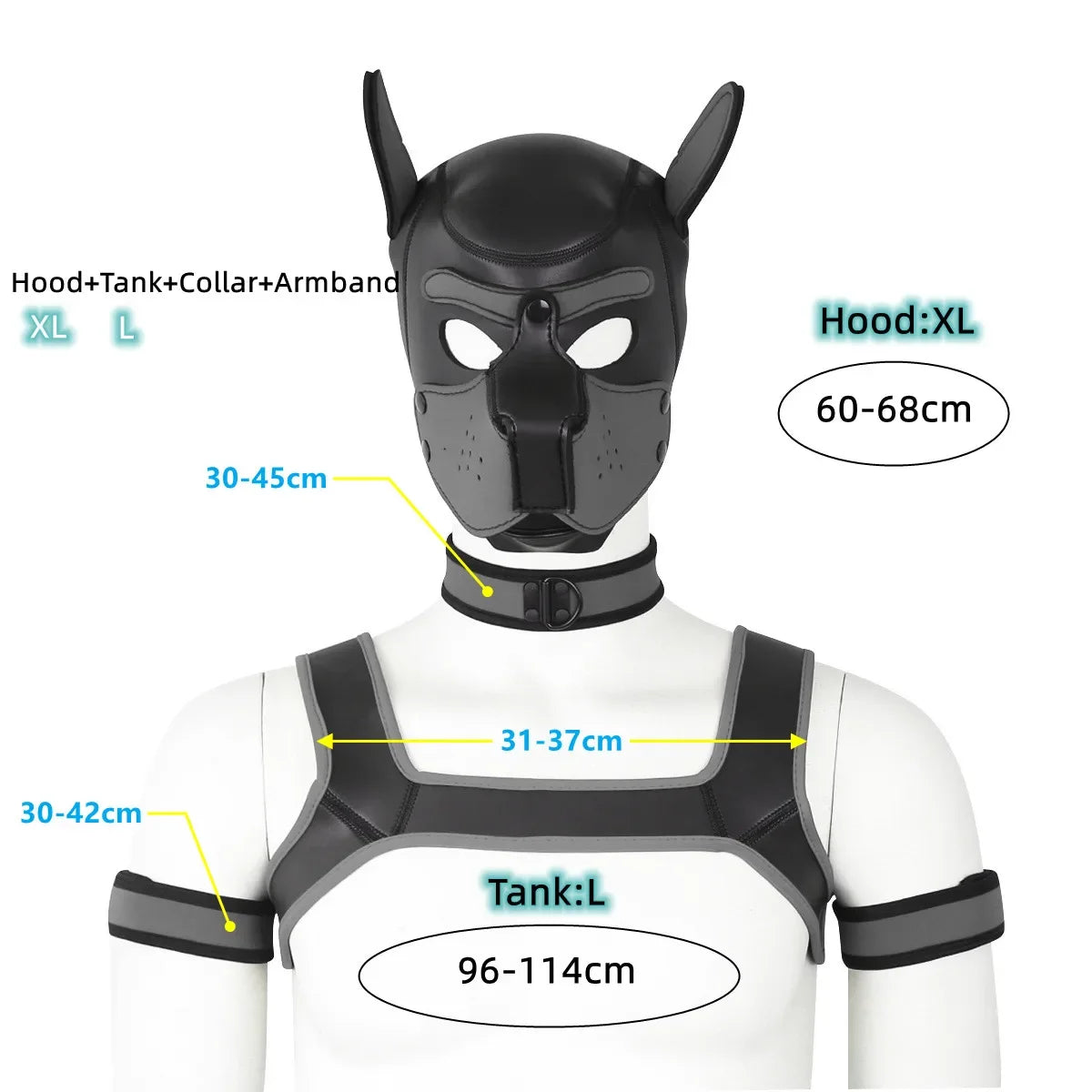 XL Large Size Puppy Cosplay Neoprene Fetish Hood Mask Kit with Chest Strap Collar Armband Sex Costumes for Bdsm Slave Role Play