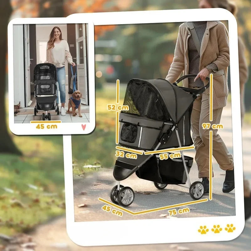 3 Wheel Pet Stroller for Small Dogs and Cats, Foldable Travel Pram with Breathable Mesh and Storage Bag, Sturdy Steel Frame for Walking, Charcoal Grey, 75x45x97 cm, Sturdy, Lightweight, Comfortable, Safe, Space Saving