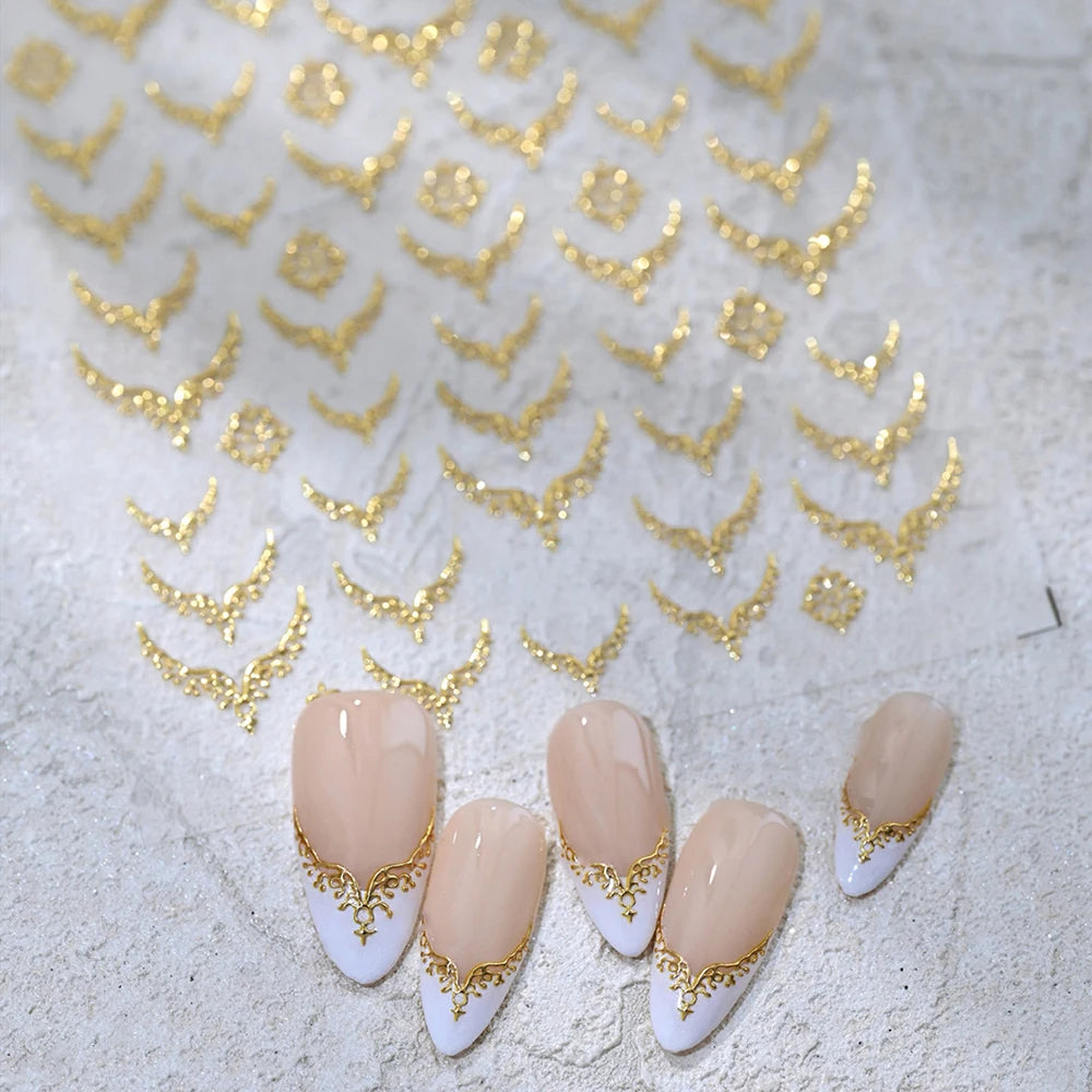 3D Gold Stamping V-Shaped French Tips Nail Art Stickers Retro Metal French Line Nail Decals Chrome Curved Strip Nail Decoration