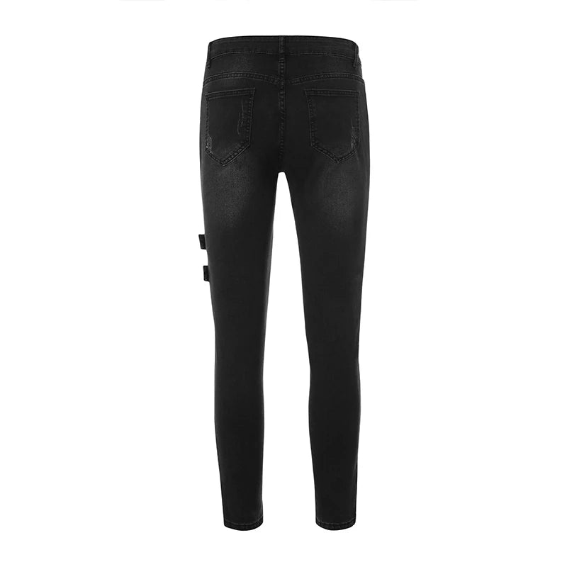 2025 New Men Slim Biker Ripped Long Denim Trousers Skinny Jeans Side Straps Zips Male Jogging Pants Destroyed Stretchy Pants