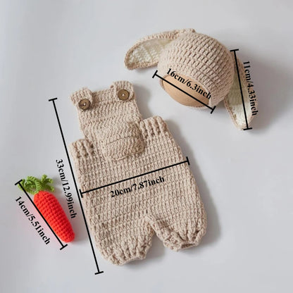 Cute Bunny Costume Newborn Photography Outfits Soft Knitted Rabbit Shape Hat and Jumpsuits with Carrot Clothes Baby Photo Props