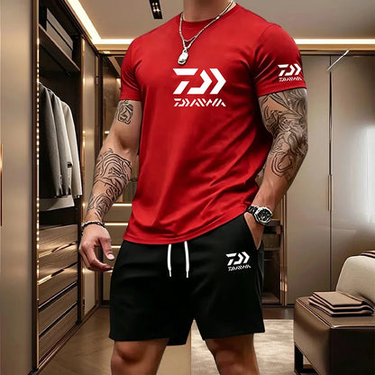 2026 Summer Men's Short Sleeved T-shirt Drawstring Shorts Set Breathable Outdoor Sports Set Men's Daily Fishing Suit