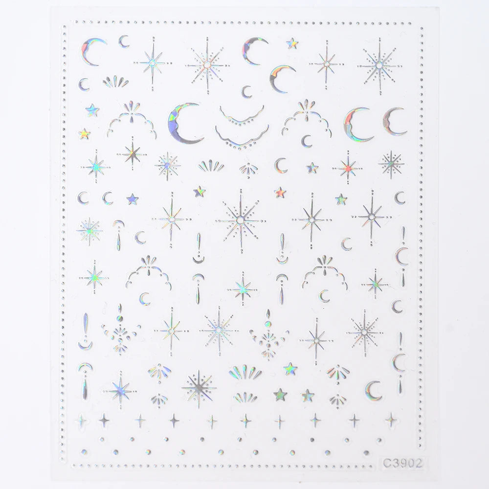 Black White Star 3D Nail Art Sticker Y2K Pentagram Self-Adhesive Decals Laser Shiny Glitters Starlight Manicure Ornaments Slider