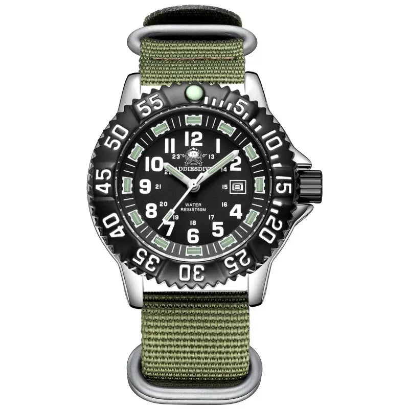 Addies Dive Men Fashion Casual Watch Calendar Display 50m Waterproof Tube Luminous Watch Black Dial Rotating Bezel Quartz Watch