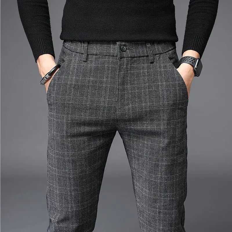 2026 Black Pants Men Plaid Trousers, Spring / Autumn New Fashion Slim Pants Men Gray Stripe Slacks 28-38 Pantalones Hombre