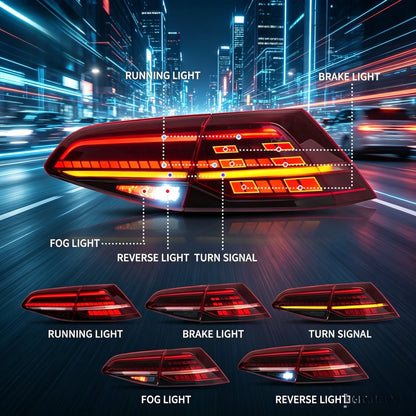 Upgraded Full LED Rear Tail Lamp Pair For VW Golf MK7 MK7.5 Hatchback 2013 to 2021, Sequential Flowing Turn Signal Design, Anti-fade Transparent Lens, Stable 12V Low Power Consumption, Fully Sealed Waterproof Structure, No Ex