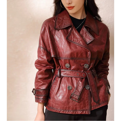 Roupas Femininas Autumn Women Suit Collar Lace-up Waist Oil Wax Sheepskin Gabardina Mujer Vintage Red Short Leather Trench Coat